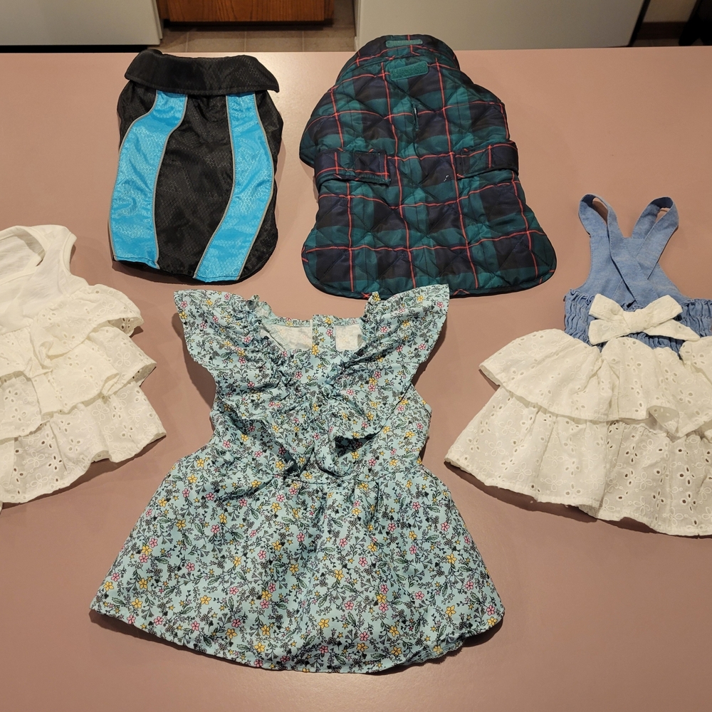 Stylish Pet Apparel Lot - 2 Vests And 3 Dresses